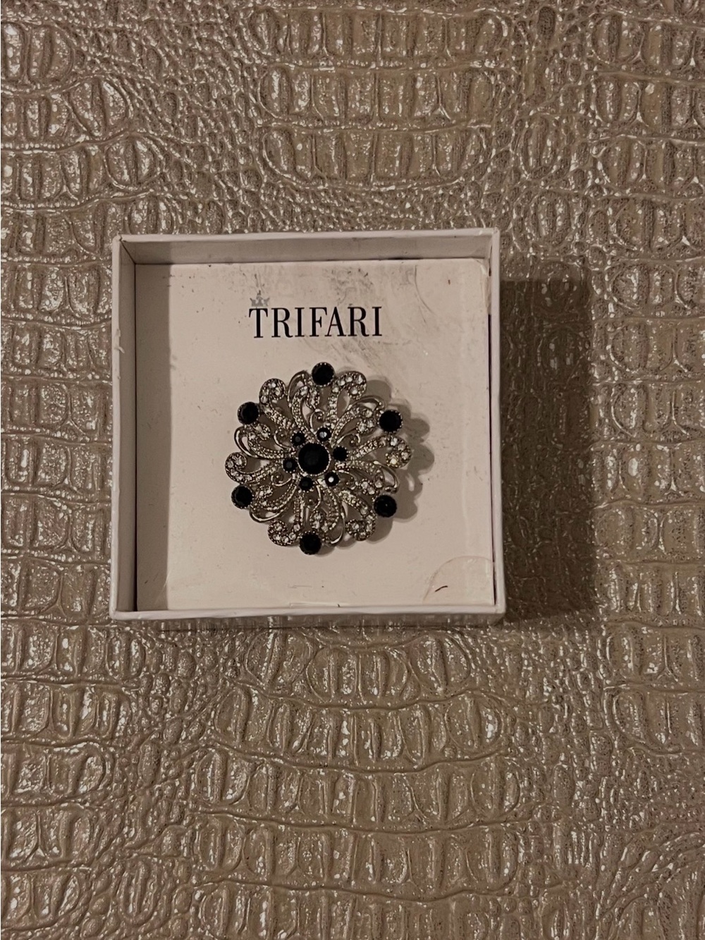 Trifari Silver-Tone Filigree Brooch with Black Stones